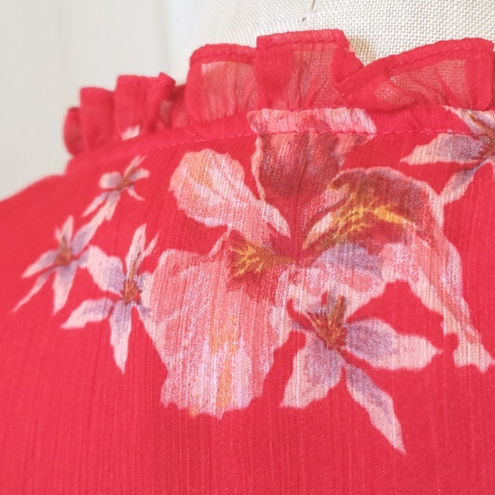 CeCe Cherry Rose Lava Red Floral Print V-Neck Blouse Sheer Ruched Sleeve Small - Picture 5 of 11